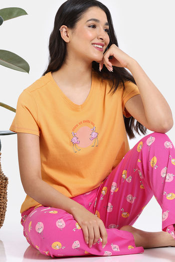 Buy Zivame Sunset Disco Knit Cotton Pyjama Set - Fuchsia Purple